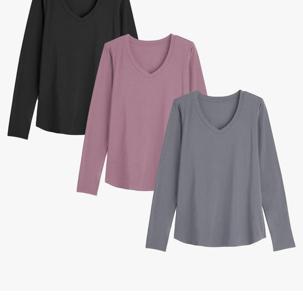 Showitty Long Sleeve V-Neck Tops - Black, Pink, and Gray